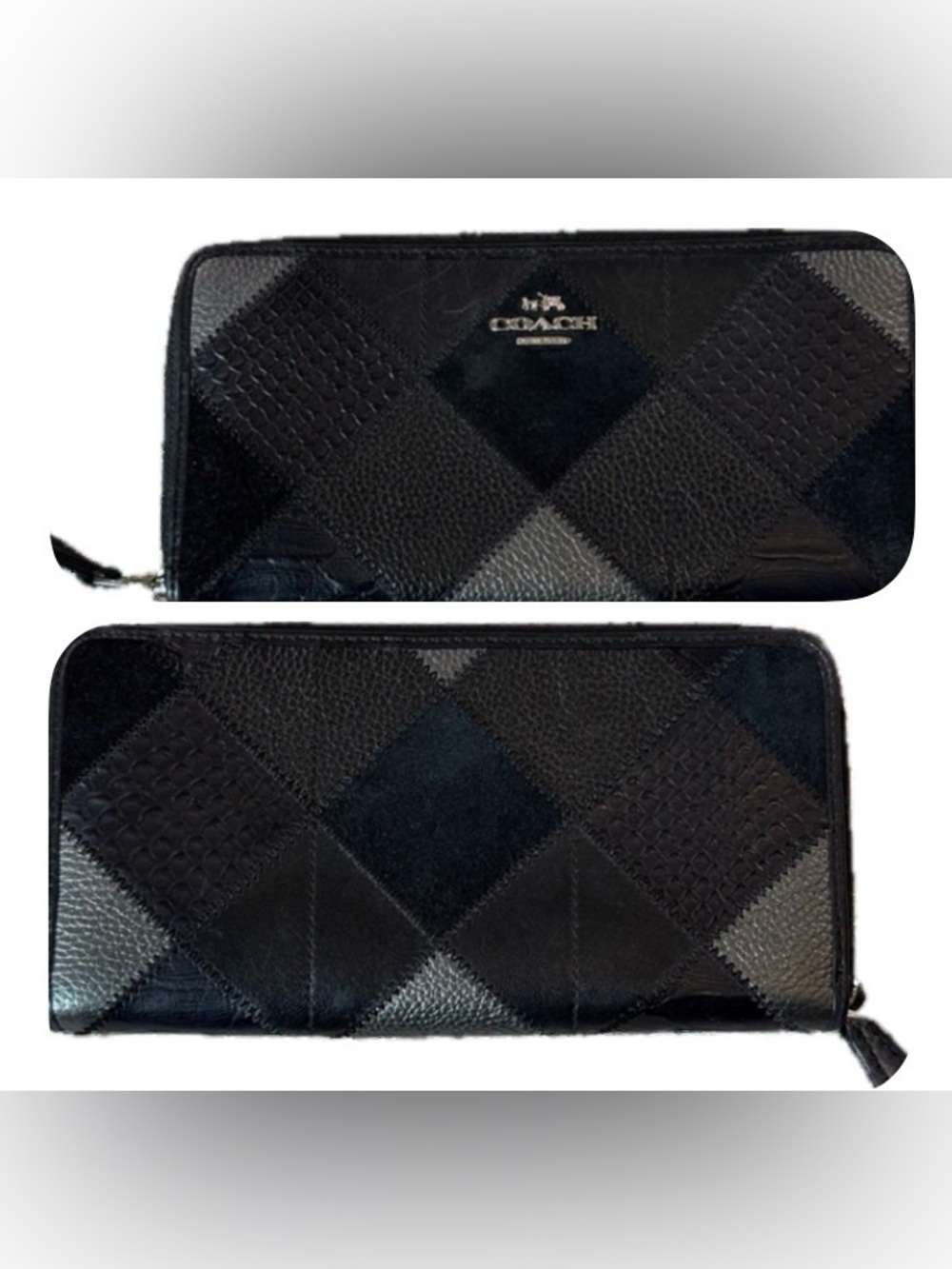 Coach Black & Silver Patchwork Zip-Around Wallet - 3 types leather